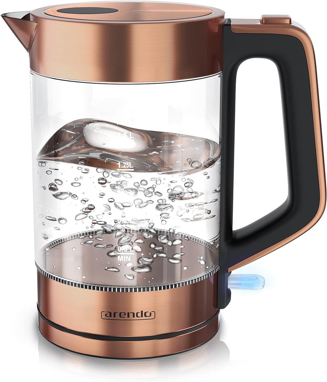 Arendo - Glas Wasserkocher Edelstahl - 1,7 Liter - 2200W - Cool Touch Griff - One Touch Verschluss -