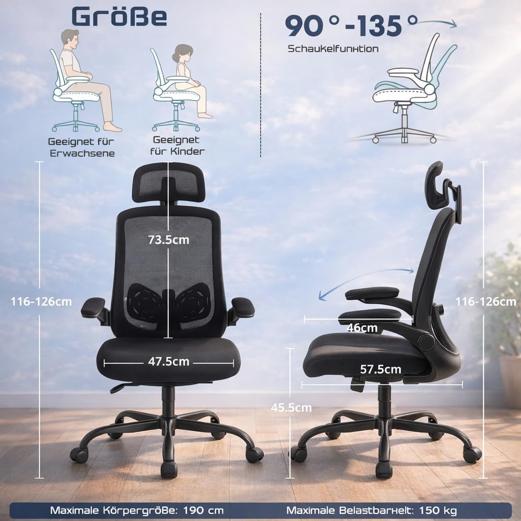 DUMOS Bürostuhl Ergonomisch, Gaming Stuhl mit Verstellbarer Kopfstütze, Armlehnen Schreibtischstuhl,