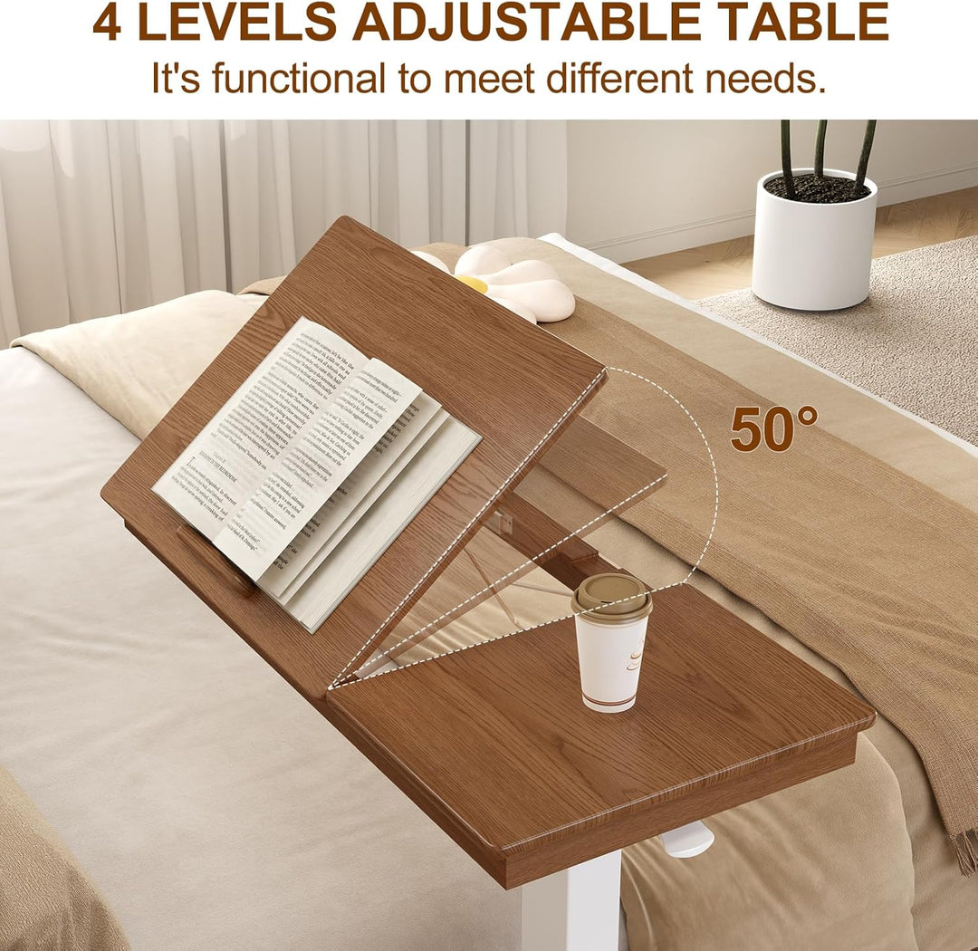 Massivholz-Beistelltisch mit Rollen, mobiler Stehtisch, 80 × 40 cm grosse Tischplatte, verstellbare