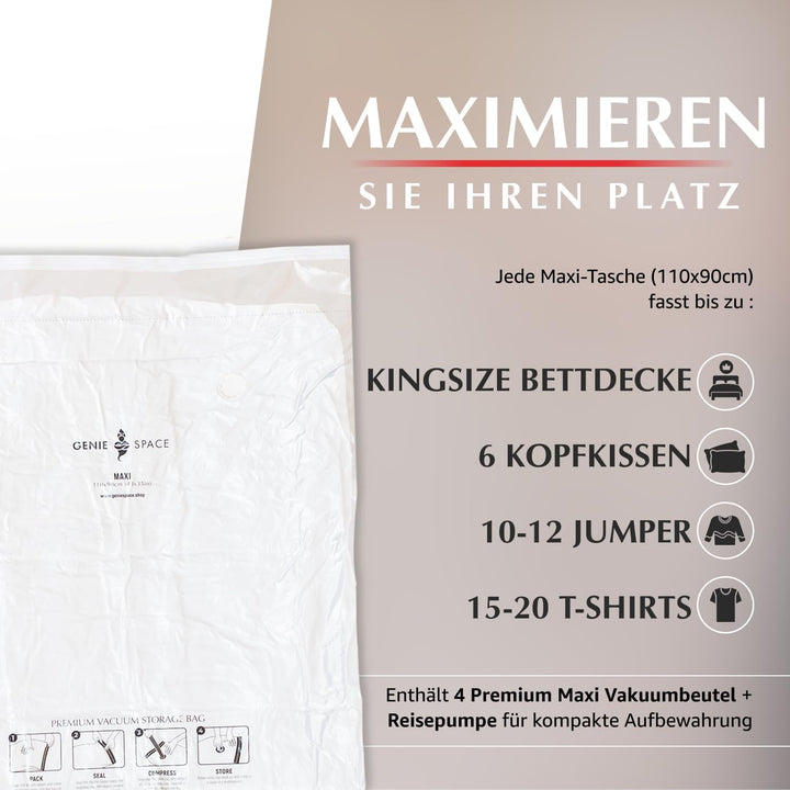GENIE SPACE Premium Vakuumbeutel für Kleidung, Bettwäsche & Reisen – Maxi Grösse 110x90 cm, Luftdich