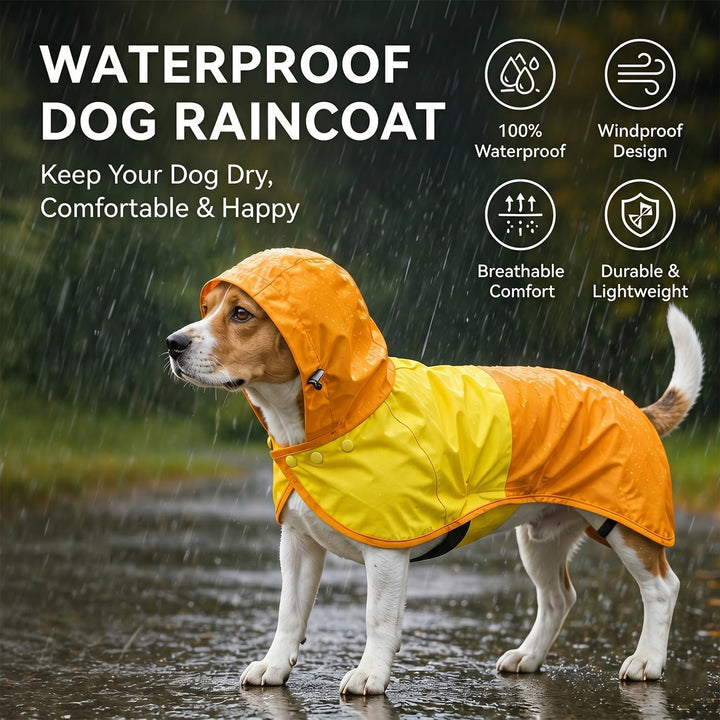 Regenmantel Hund, Regenjacke Hund wasserdicht mit Verstellbarer Kapuze &amp; elastischen Beinbändern – L