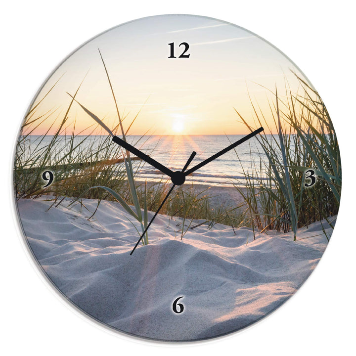 ARTLAND Wanduhr ohne Tickgeräusche Glas Quarzuhr Ø 30 cm Rund Lautlos Sonnenuntergang Ostsee Sonnenu