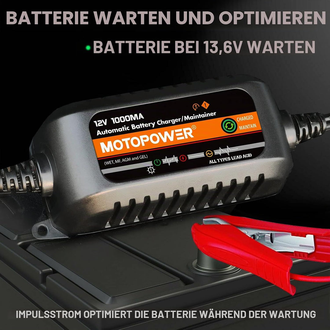 MOTOPOWER MP00205B 12 V 1000 mA Ladegerät/Batterieerhaltung, vollautomatisch, Schwarz b) - 12V 1000m