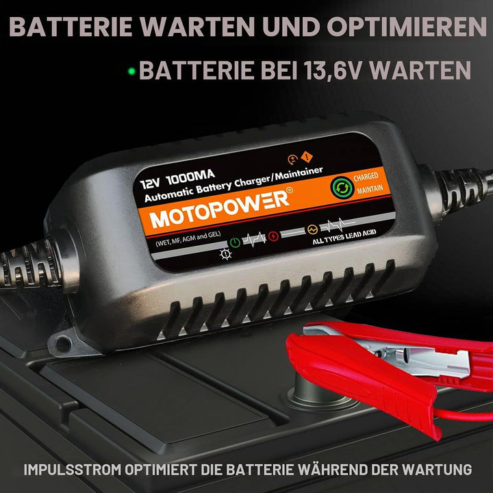 MOTOPOWER MP00205B 12 V 1000 mA Ladegerät/Batterieerhaltung, vollautomatisch, Schwarz b) - 12V 1000m