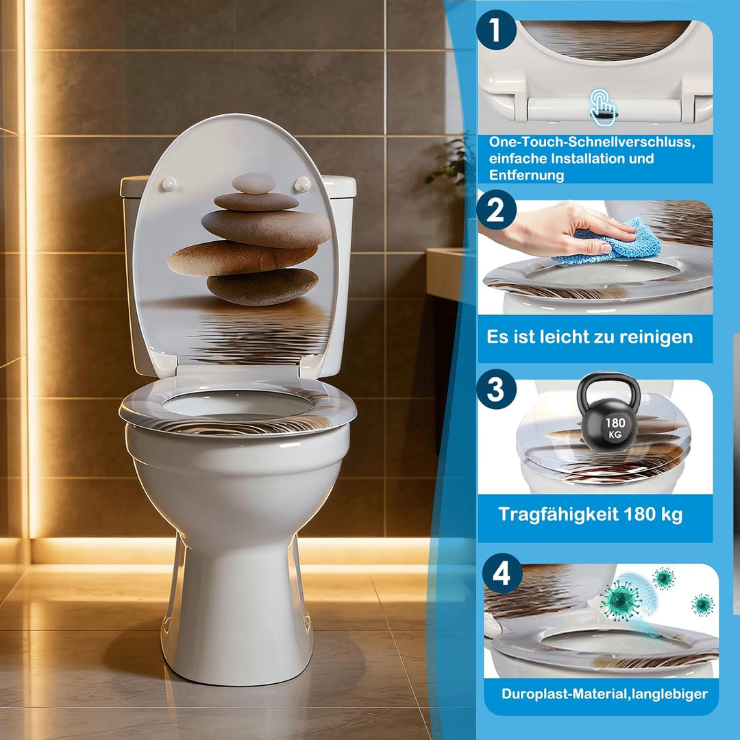 Duroplast-Toilettensitz, O-förmiger Toilettendeckel mit Soft-Close-Mechanismus, Edelstahlscharnier,
