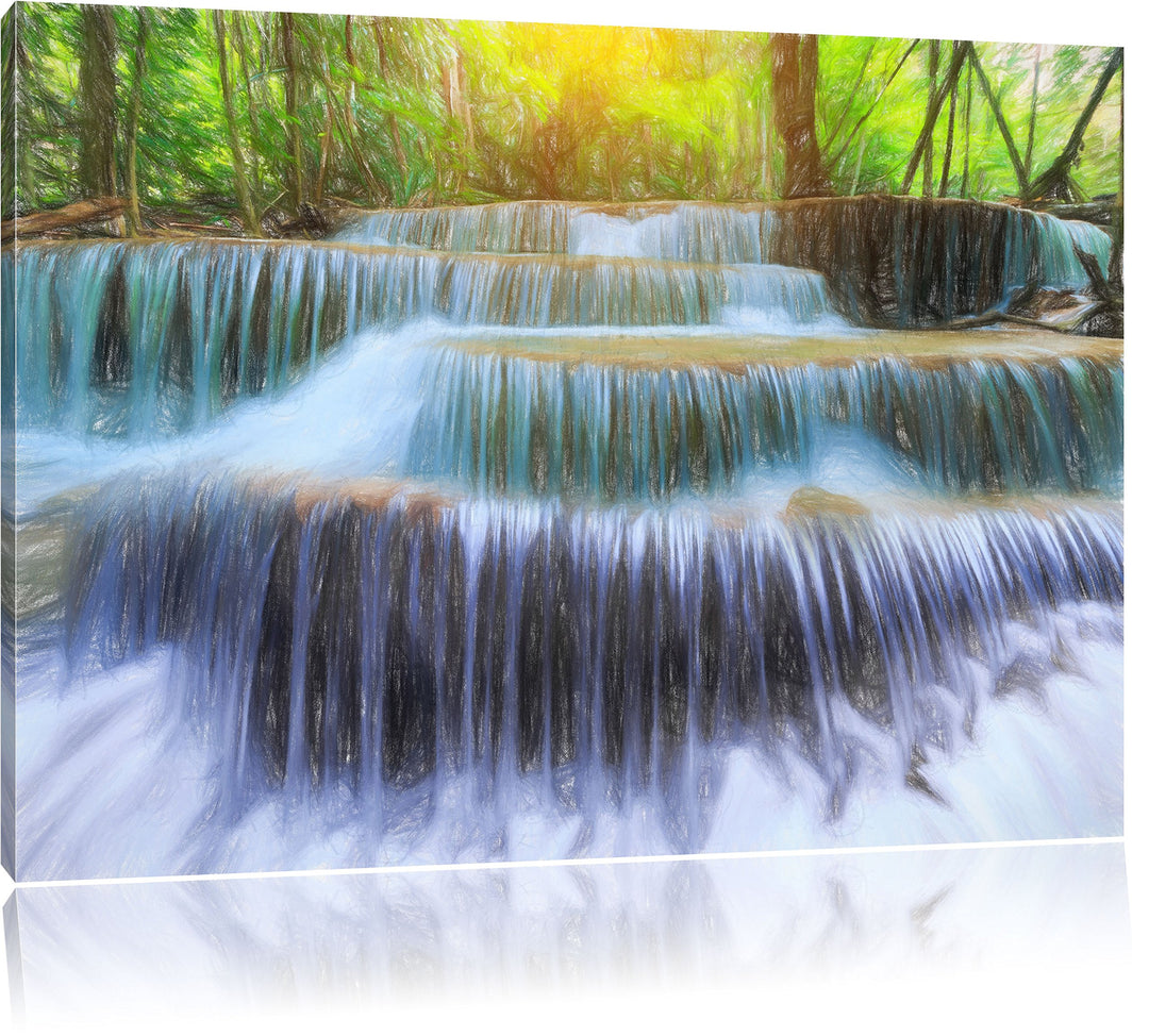 Pixxprint Schöner Wasserfall im Regenwald Kunst Buntstift Effekt, Format: 100x70 auf Leinwand, 100x7