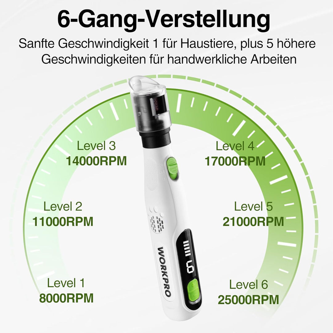 WORKPRO Krallenschleifer für Hunde, Elektrischer Hund Krallenschleifer, Pfotentrimmer mit 6-Gang-Ein