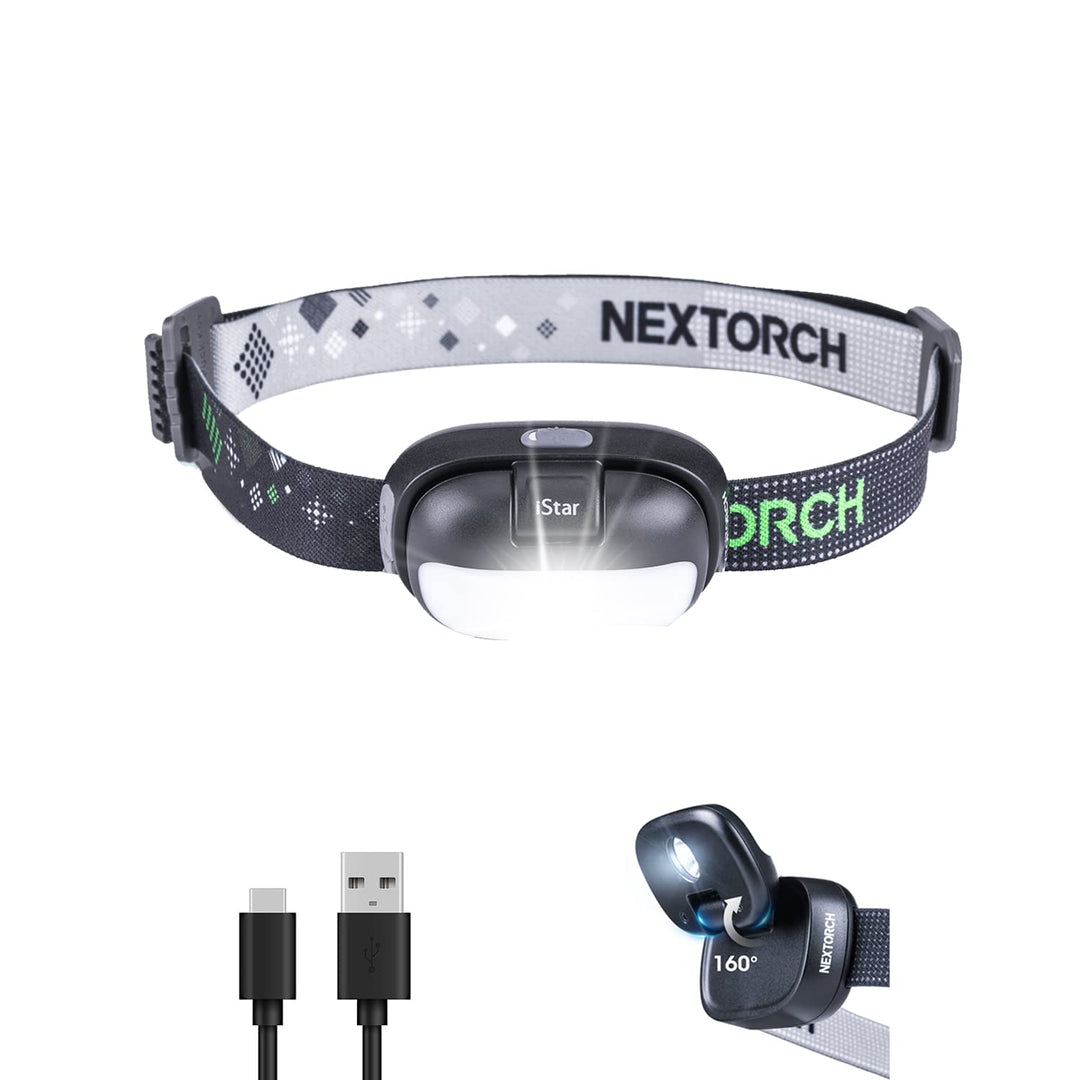NEXTORCH LED-Stirnlampe, wiederaufladbar, 450 Lumen, weiss, rot, kompakt, leicht, für Outdoor, Campi