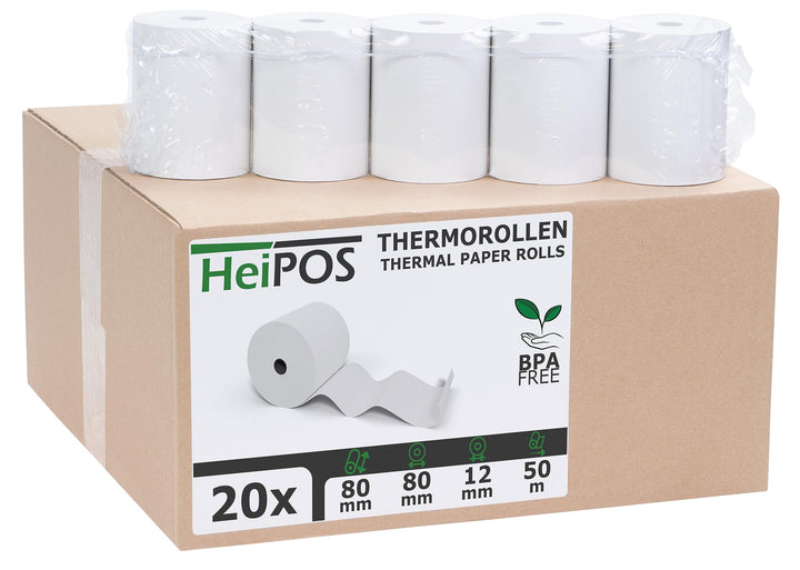 HeiGroup - HeiPOS 20x Thermorollen BPA frei (B/Ø) 80mm / 80mm - Länge 80m, Kern Ø 12mm, Flächengewic