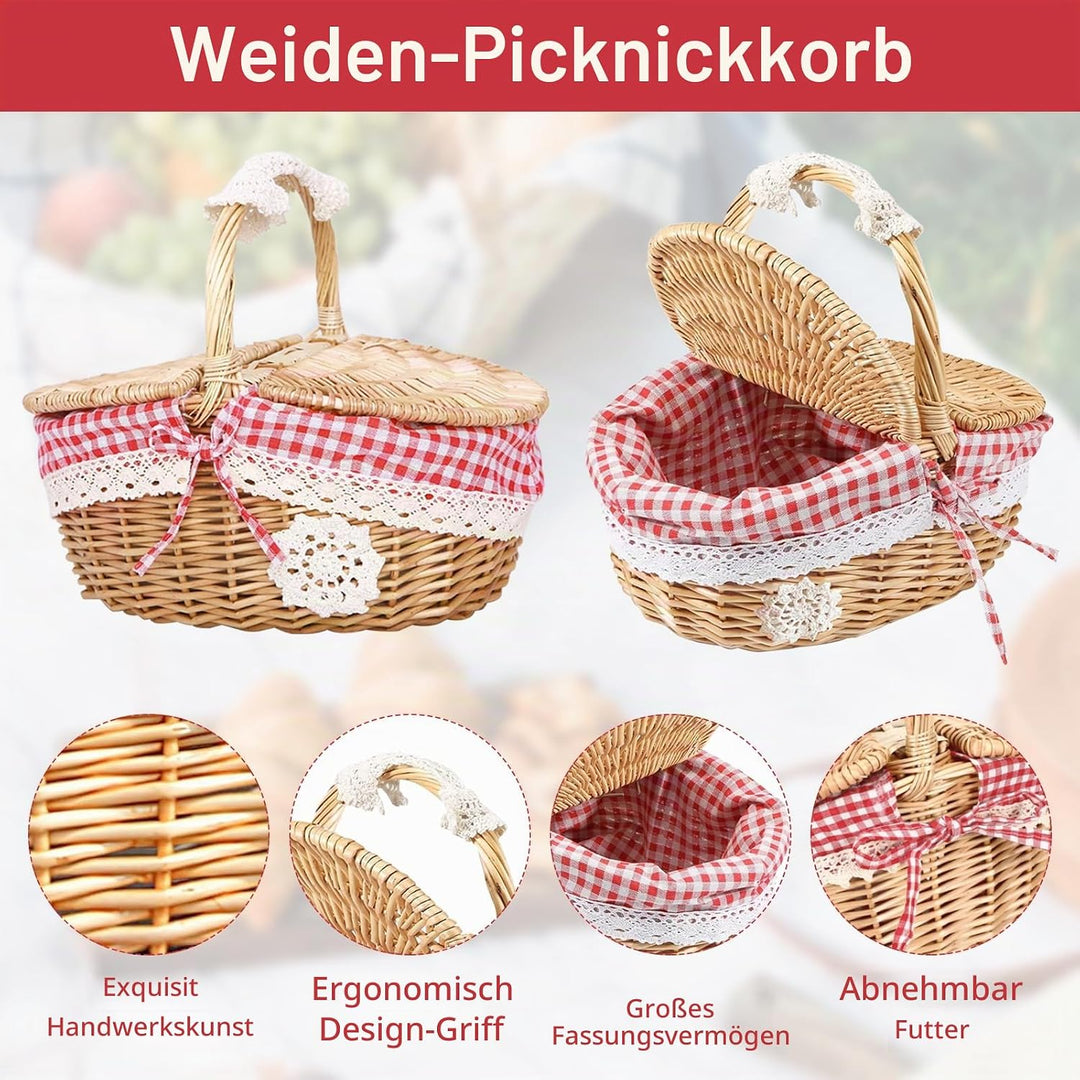 Weide Picknickkorb, Tragbarer Picknickkorb für den Aussenbereich mit Deckel und Griff, Geflochtener