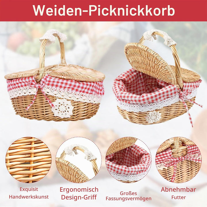 Weide Picknickkorb, Tragbarer Picknickkorb für den Aussenbereich mit Deckel und Griff, Geflochtener