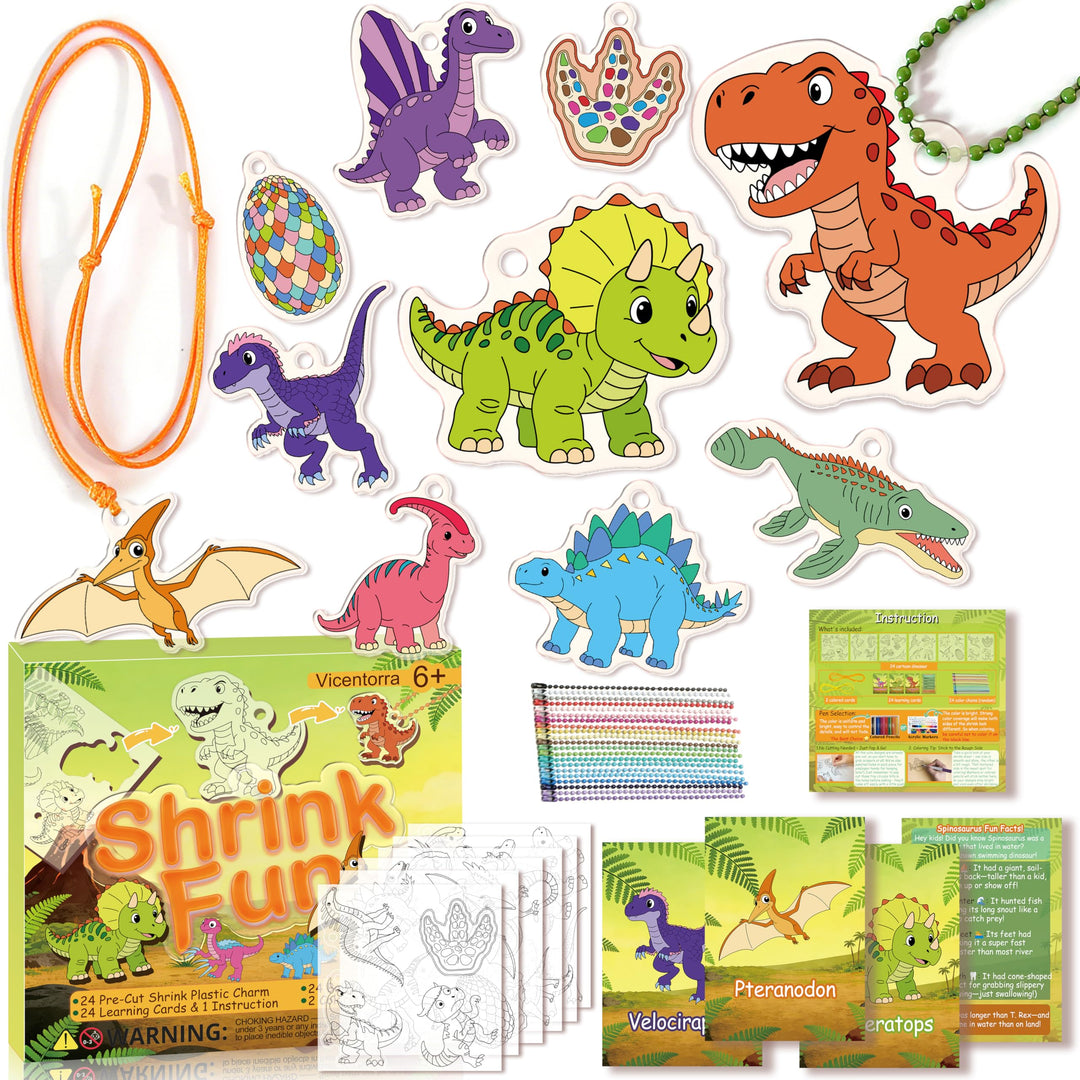 75 PC Dinosaurier Schrumpffolie Bastelset für Kinder - 24 Stück Dino-Motive mit 24 Lernkarten, 24 Pe