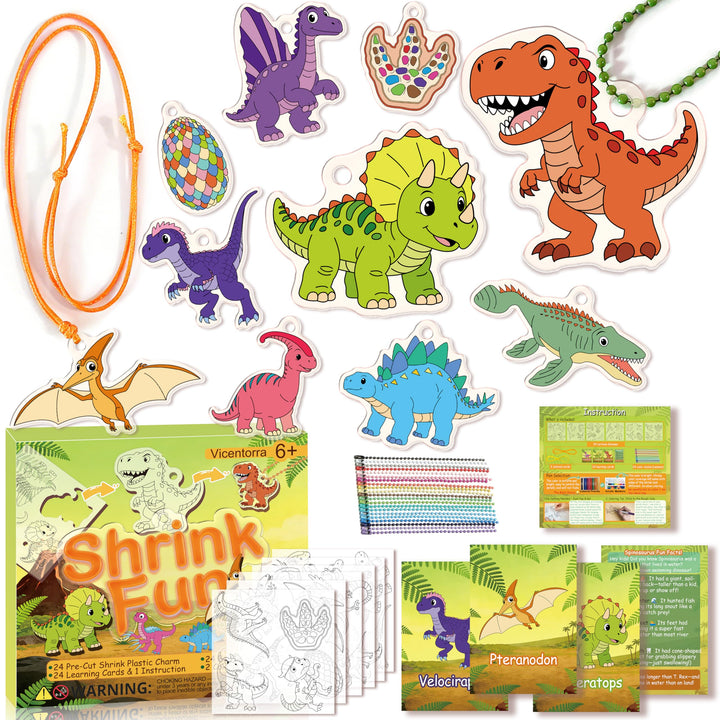75 PC Dinosaurier Schrumpffolie Bastelset für Kinder - 24 Stück Dino-Motive mit 24 Lernkarten, 24 Pe