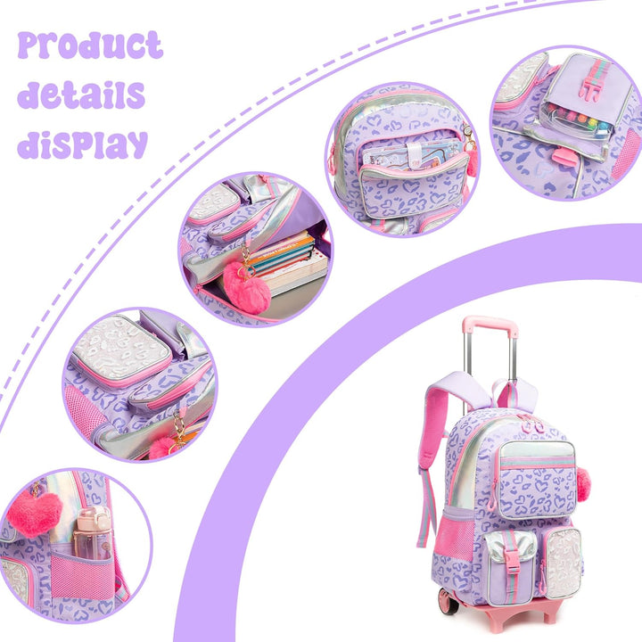HTgroce Schulranzen Mit Rollen Kinder Trolley Rucksack Mädchen Rolling Reisegepäck Kinderkoffer Schu