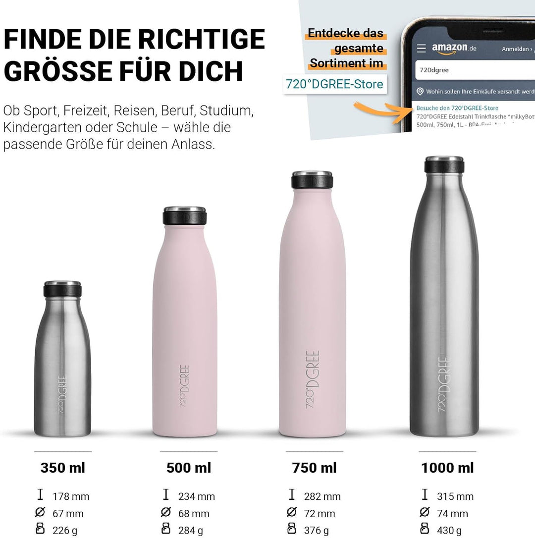720°DGREE Edelstahl Trinkflasche “milkyBottle” - 750ml - BPA-Frei, Auslaufsicher, Kohlensäure geeign