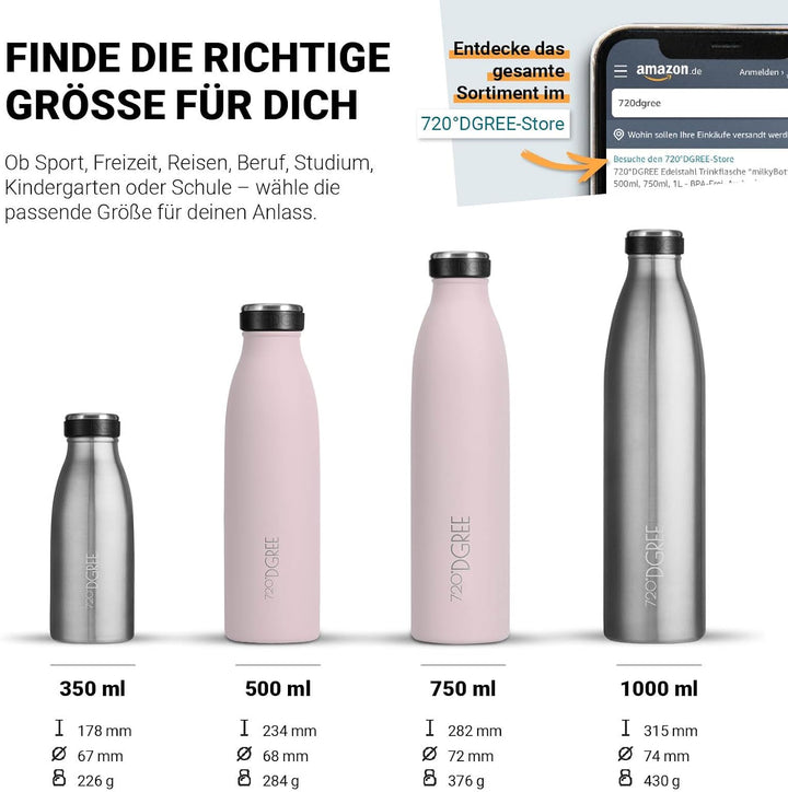 720°DGREE Edelstahl Trinkflasche “milkyBottle” - 750ml - BPA-Frei, Auslaufsicher, Kohlensäure geeign