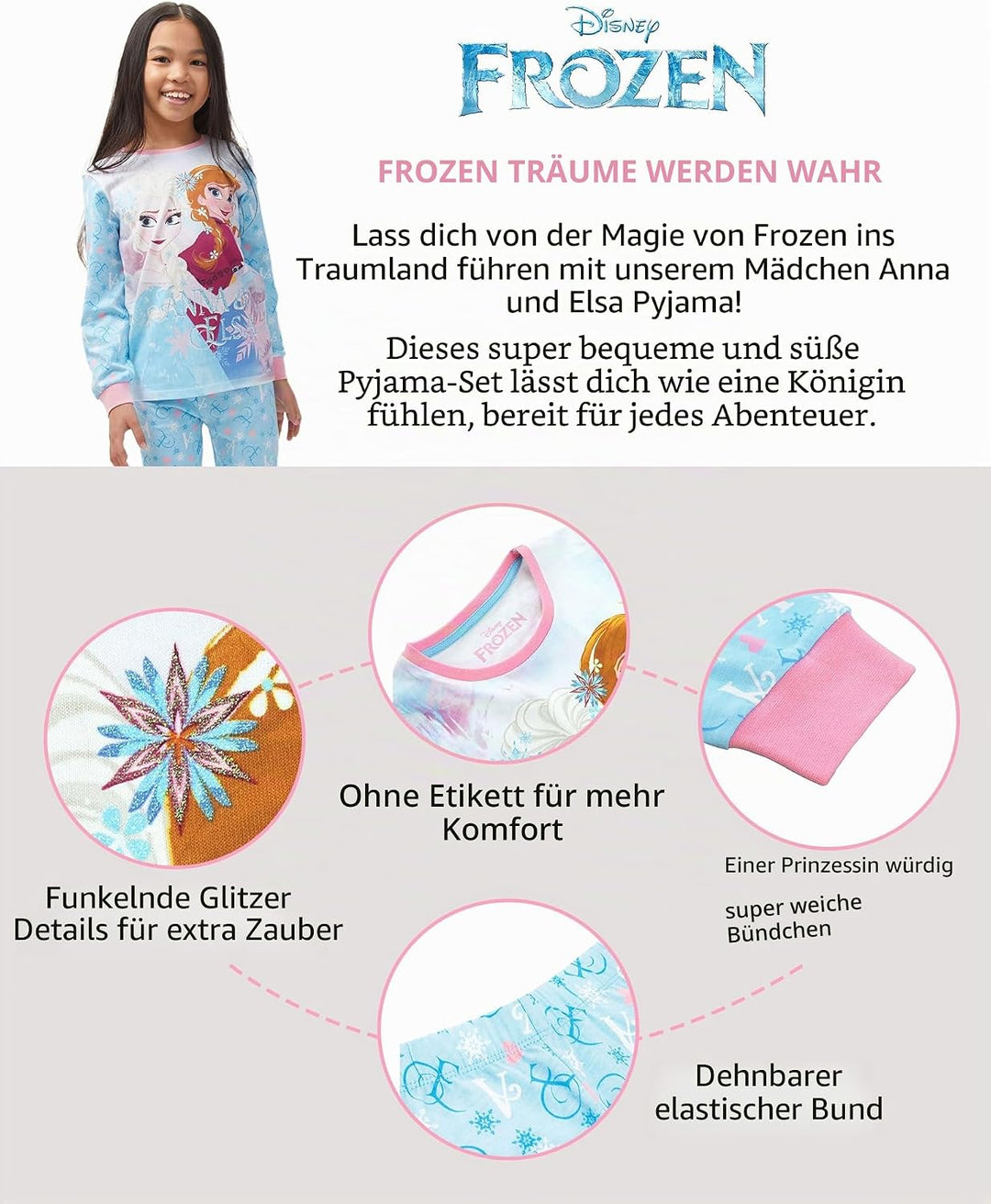 Disney Schlafanzug Mädchen | 100% Baumwolle Frozen Pyjama Kinder | ELSA Eiskönigin und Anna Lang Sch