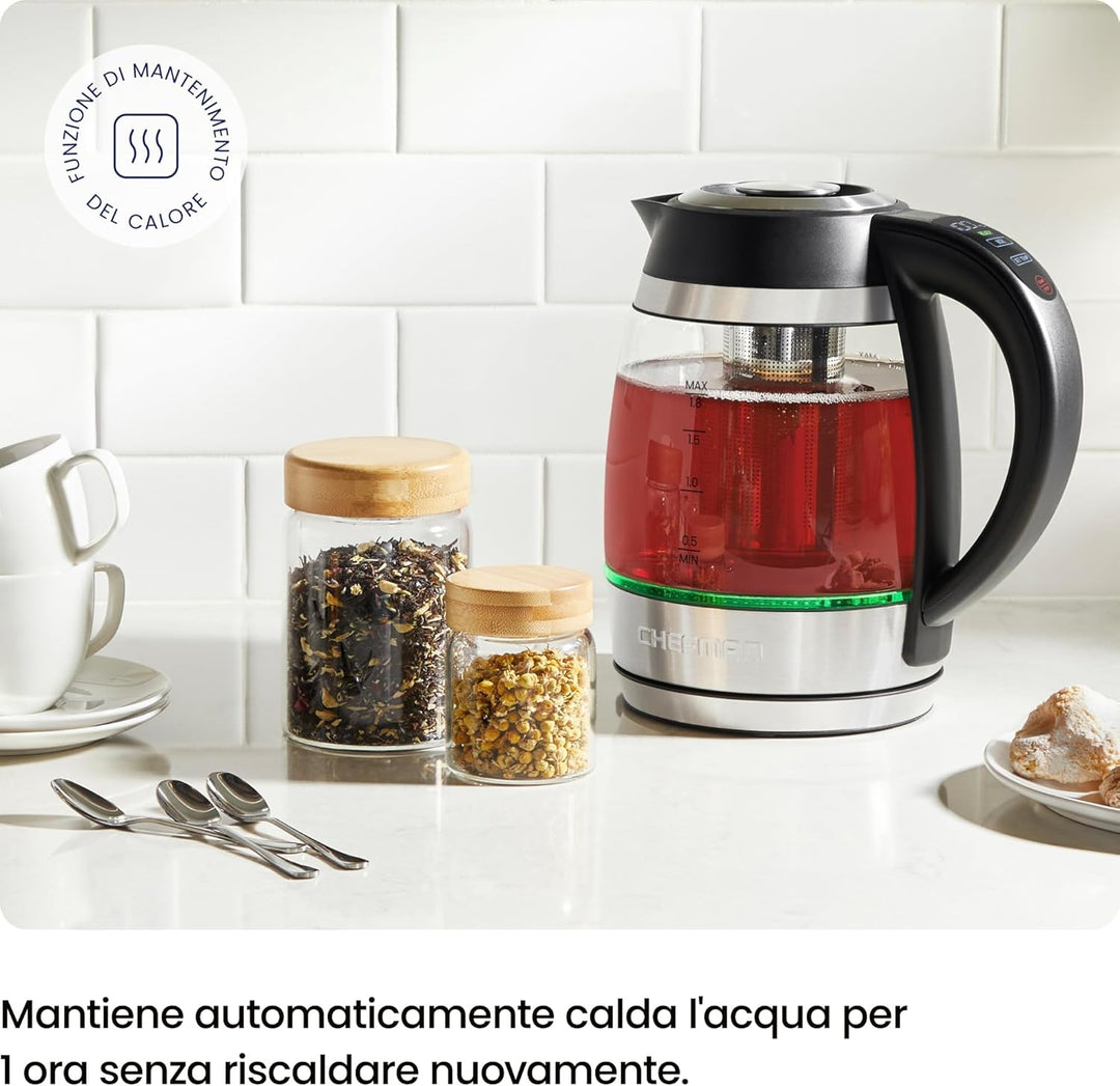 CHEFMAN Elektrischer Wasserkocher, 1.8L 2200W mit Tee-Ei, heisses Wasser in 3 Minuten, LED-Licht, au