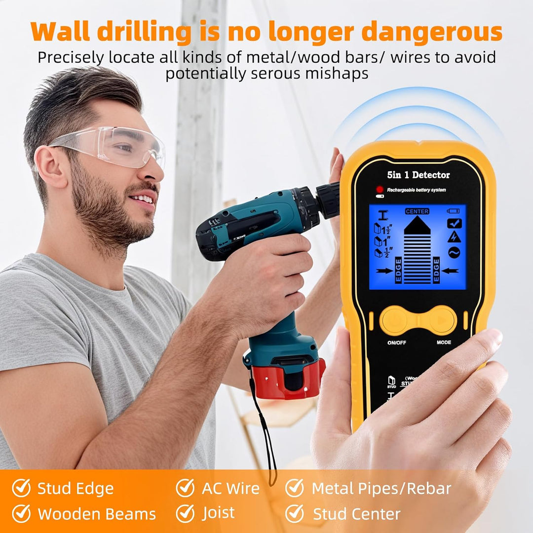 Wandscanner 5 in 1 Wiederaufladbar Stud Finder Holz Metall AC Stromkabel | Type-C Schnellladung LCD