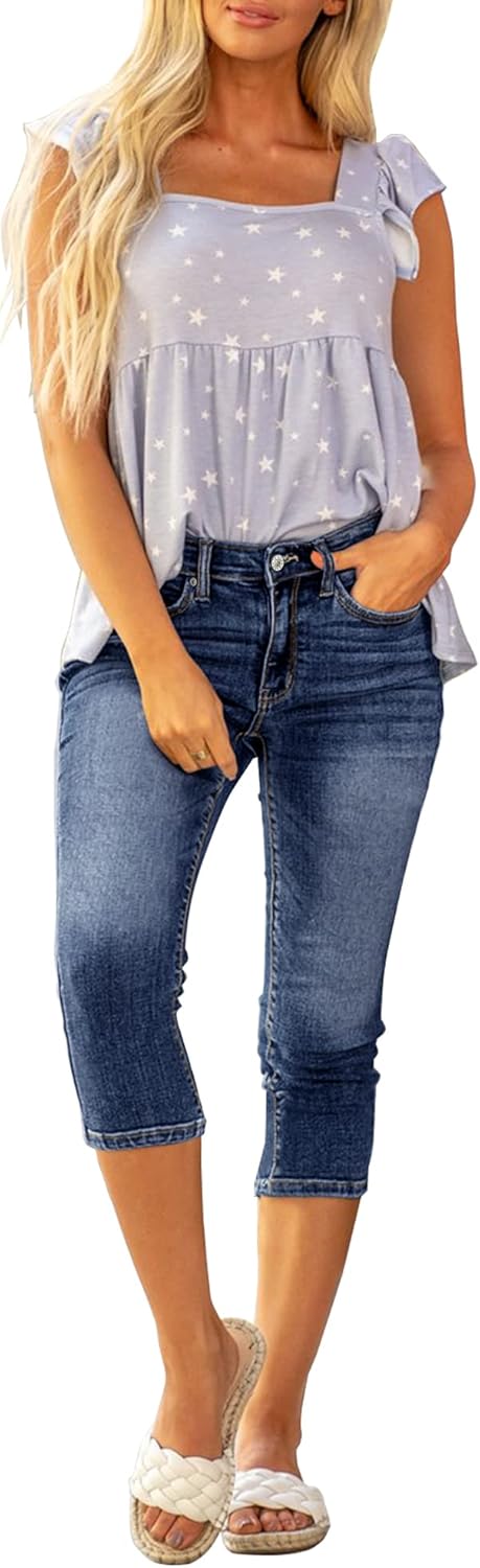 Roskiky Damen Capri Jeans für Frauen hohe Taille Skinny Ripped Jean Denim Hosen