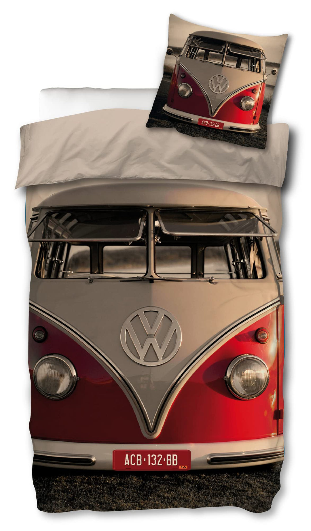 VW Volkswagen Bulli Bettwäsche T1 Rot 135 cm x 200 cm + 80 cm x 80 cm 100% Baumwolle Renforcé-Linon-
