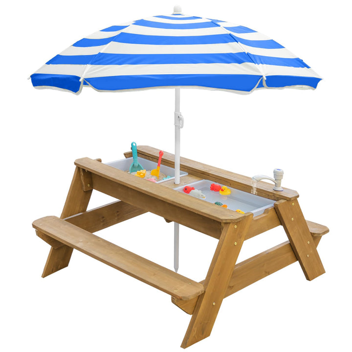Kids 3-in-1 Sand- und Wasser-Aktivitätstisch, Holz, Outdoor, wandelbarer Picknicktisch mit Regenschi