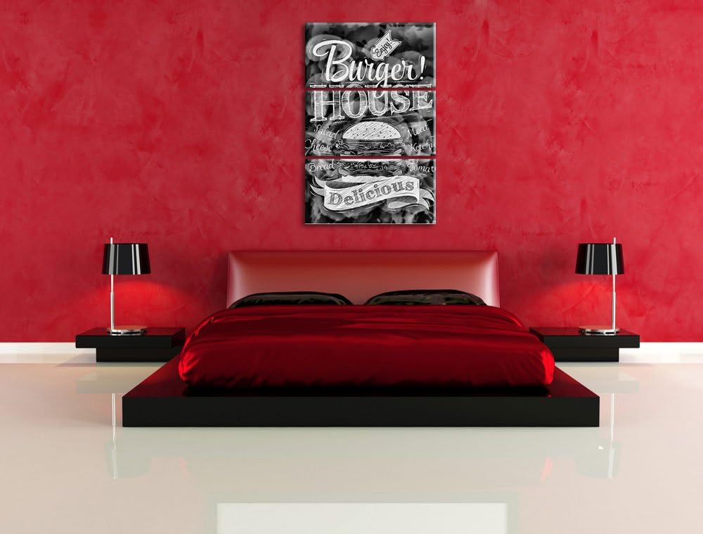 Pixxprint Burger House / 3-Teilig/Gesamtmass 120cm Leinwandbild bespannt auf Holzrahmen/Wandbild Kun