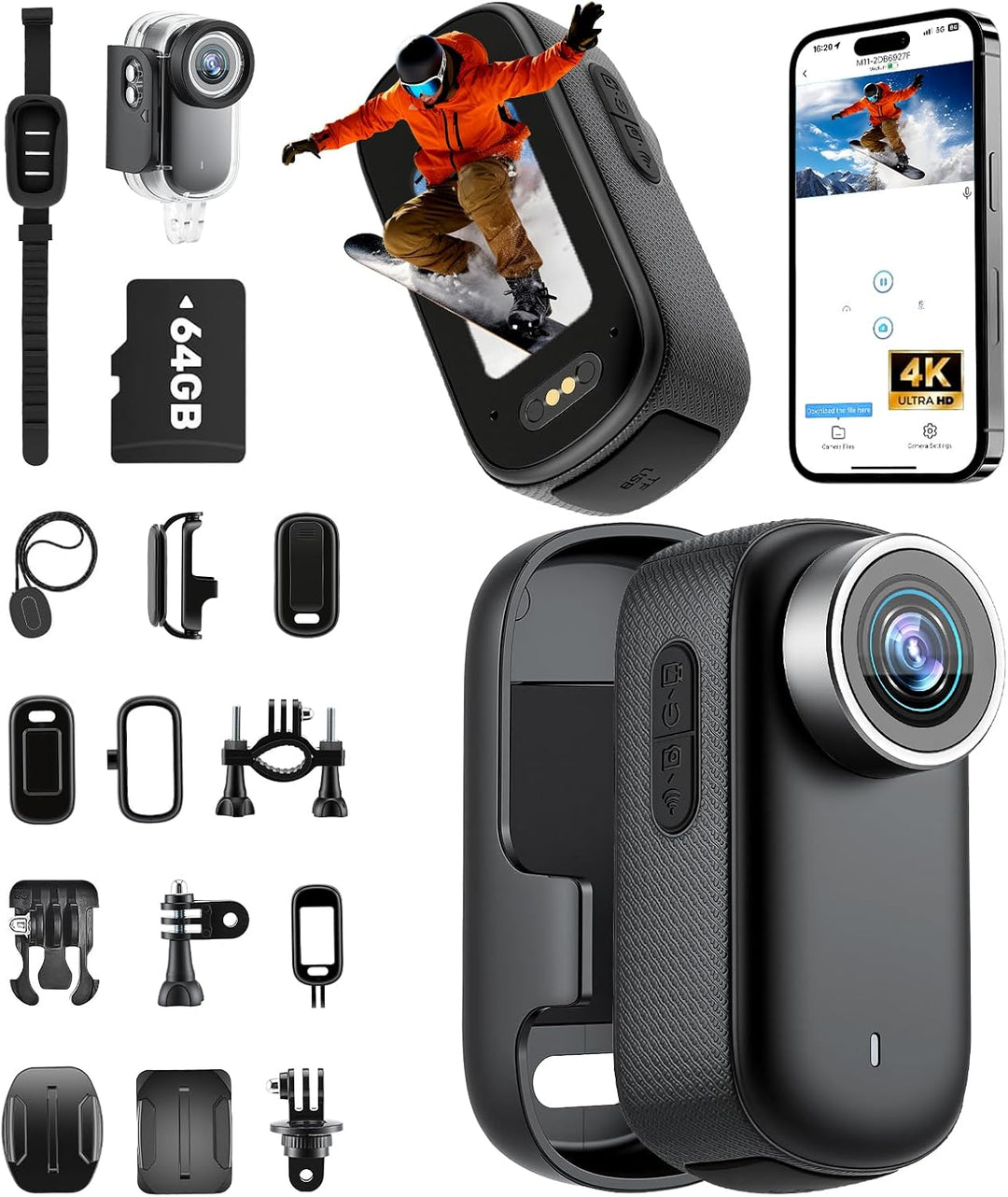 Mini Action Cam 4K wasserdicht 30M 180min Akku Body Cam Fahrrad | 4K Sensor, EIS Stabilisierung, 1,4