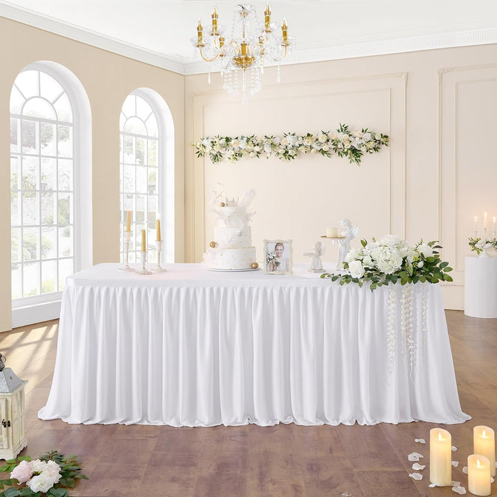 335cm White Polyester Table Skirts for Rectangle Tables, Wrinkle Free Ruffle Pleats Cloth Tutu Table