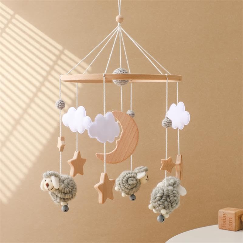 Herfair Mobile Baby Bettglocke mit Sterne Mond Schafe Hölz Mädchen Hängende Mobile Windspiel für Bab
