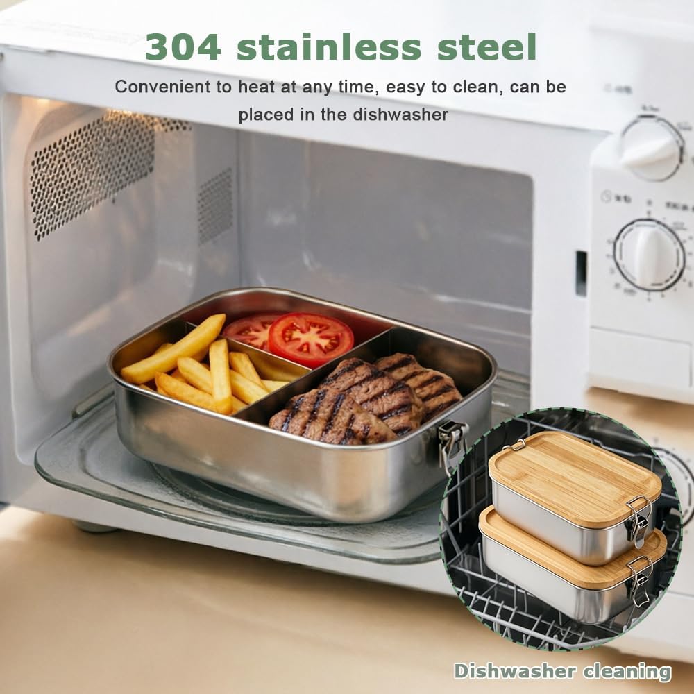 2 Stück Bento Lunchbox für Erwachsene Kinder, 850ML Edelstahl Brotdose mit Holzdeckel&Fächern, BPA-f