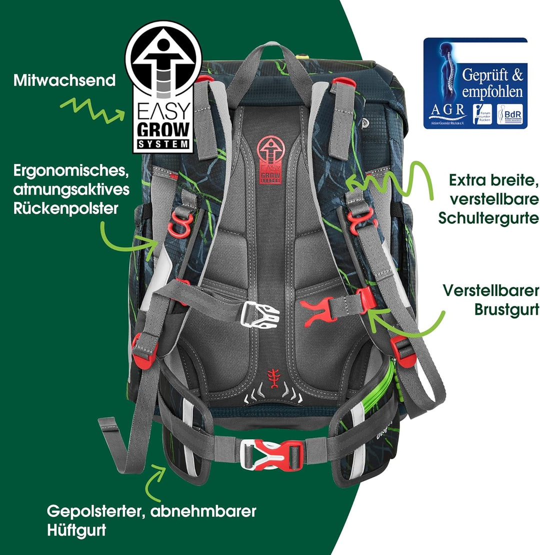 Step by Step Schulranzen-Set FIT „Danger Cat Chiko“ 5-teilig, grau-grün, Panther-Design, ergonomisch