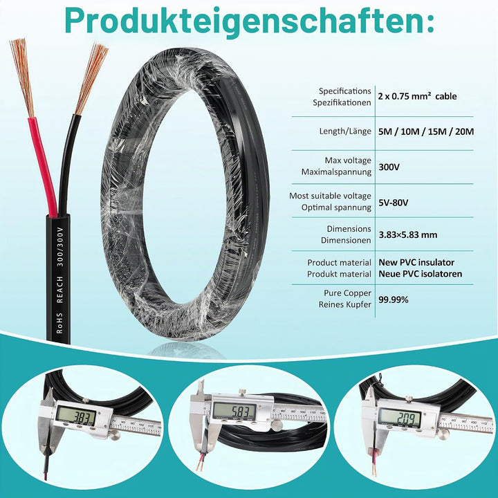 2-adriges LED-Rücklichter Verkabelung Kabel für Anhänger 12V/24V - 2x0,75mm² FLRYY Fahrzeugleitung B