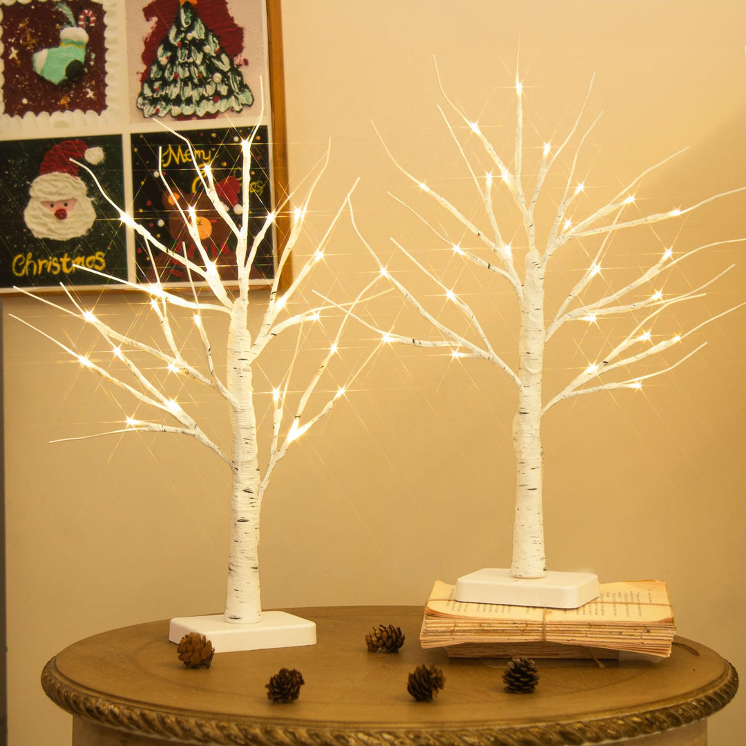 DELICHTER 2er Set Lichterbaum mit 24 Warmweissen LEDs Birken Bäumchen mit Timer-Funktion Dekozweige