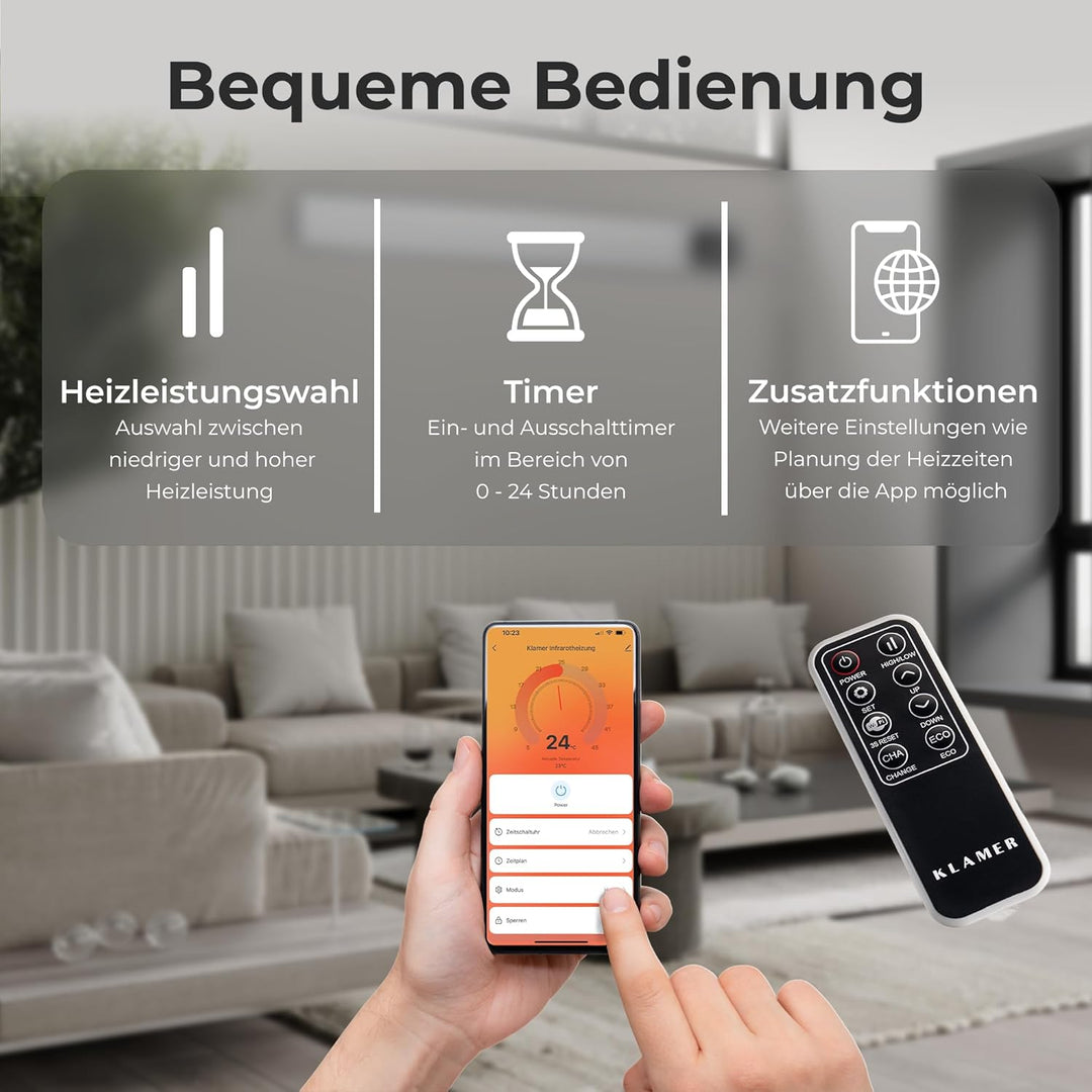 KLAMER Infrarotheizung 2600 W – WLAN Heizstrahler mit App- & Timer, Decken- & Wandmontage, Fenster-o