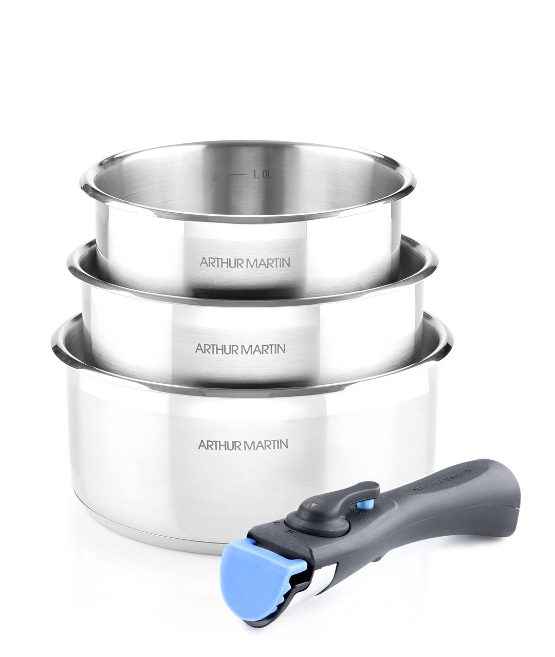 ARTHUR MARTIN Set 3 casseroles 16/18/20 cm + 1 poignée gris, Andere Small (3-pot set), Small (3-pot