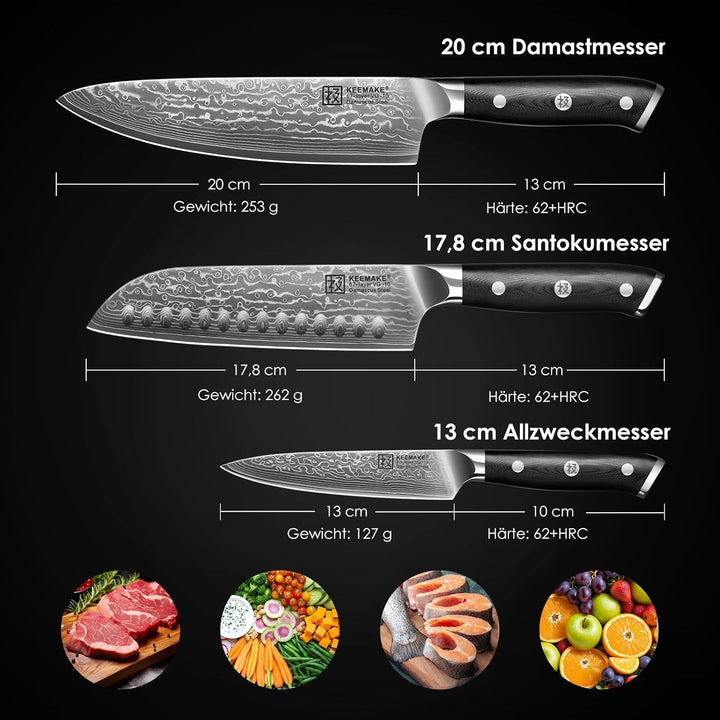 KEEMAKE Damastmesser Set 3 teilig - Küchenmesser Set aus 67 Lagen Damaststahl mit Ergonomischer G10