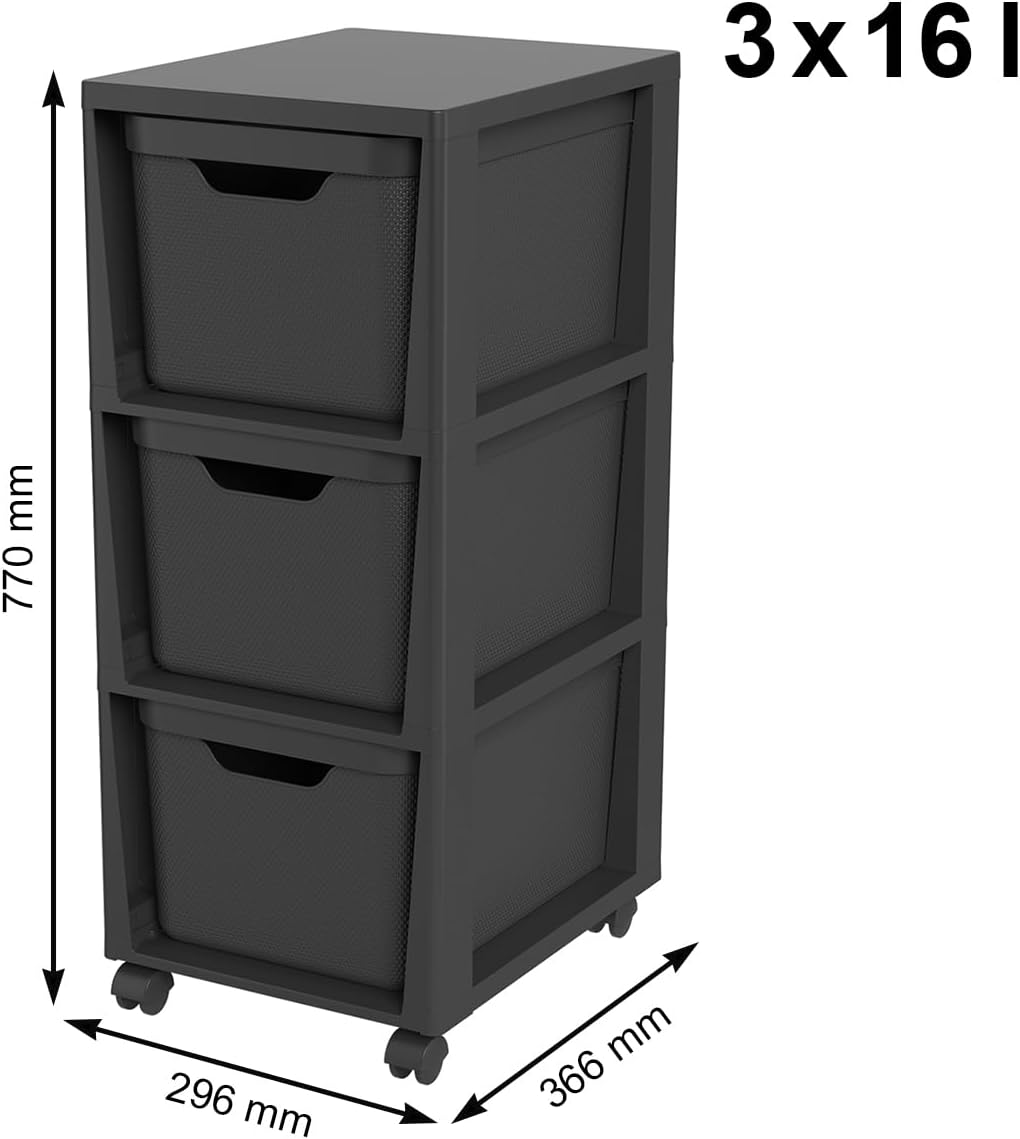 Jive Rotho Tower black Rollcontainer mit 3 Schubladen, Kunststoff (PP) BPA-frei, schwarz, 3 x 16l (3