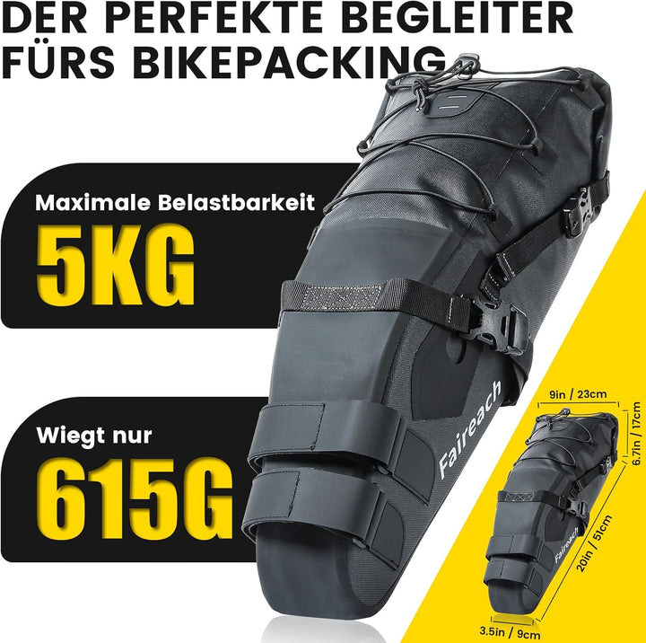 Bikepacking Satteltasche, 10 Liter Aufbewahrungstasche, 100% Wasserdicht Fahrrad Satteltasche aus TP