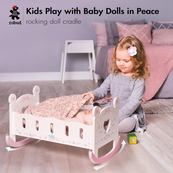 ROBUD Holz Baby Puppe Krippe Baby Puppe Bett Spielzeug für Puppen bis 18 Zoll Puppen Zubehör - mit P