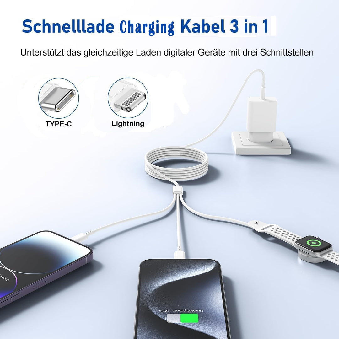 3 in 1 Ladekabel für Apple Watch und iPhone,Original iPhone Kabel USB C 2m mit Ladegerät,Typ C Adapt