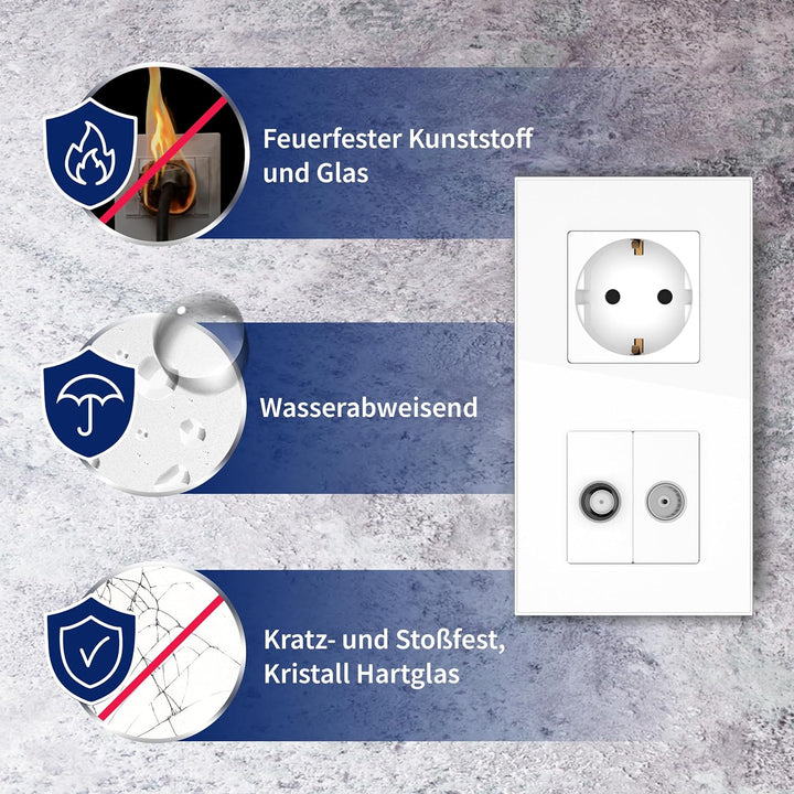 PULSAR Sat Kabel Dose Unterputz mit 3 Steckdosen 4-Fach Glas Weiss, Steckdose x3 mit Kabel Anschluss