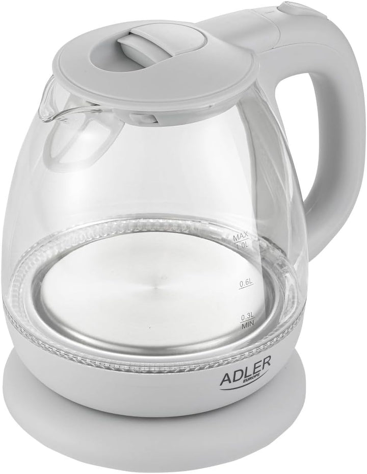 adler AD 1238 Elektrischer Wasserkocher aus Glas, klein, 1 l, 1100 W, LED-Beleuchtung, 1100 W, 1 Lit