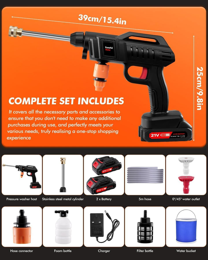 Kabellose Hochdruckreiniger, 21V Pressure Washer Max 60Bar, Tragbarer Akku Druckreiniger Mobiler mit