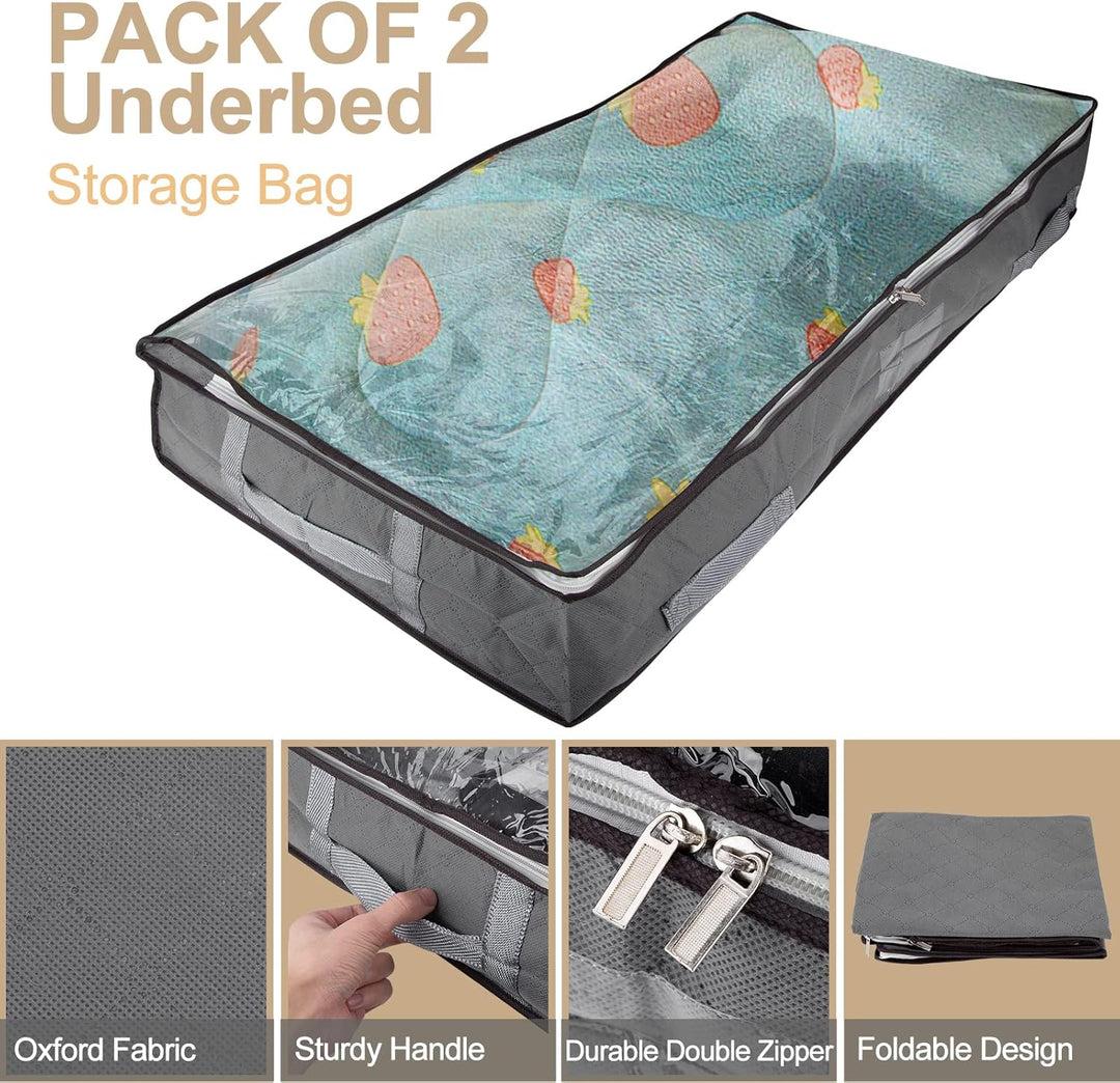 2 Stück 90L Faltbare Unterbett Aufbewahrungsbox mit Deckel, Gross | Vliesstoff, mit Griff, Zwei-Wege
