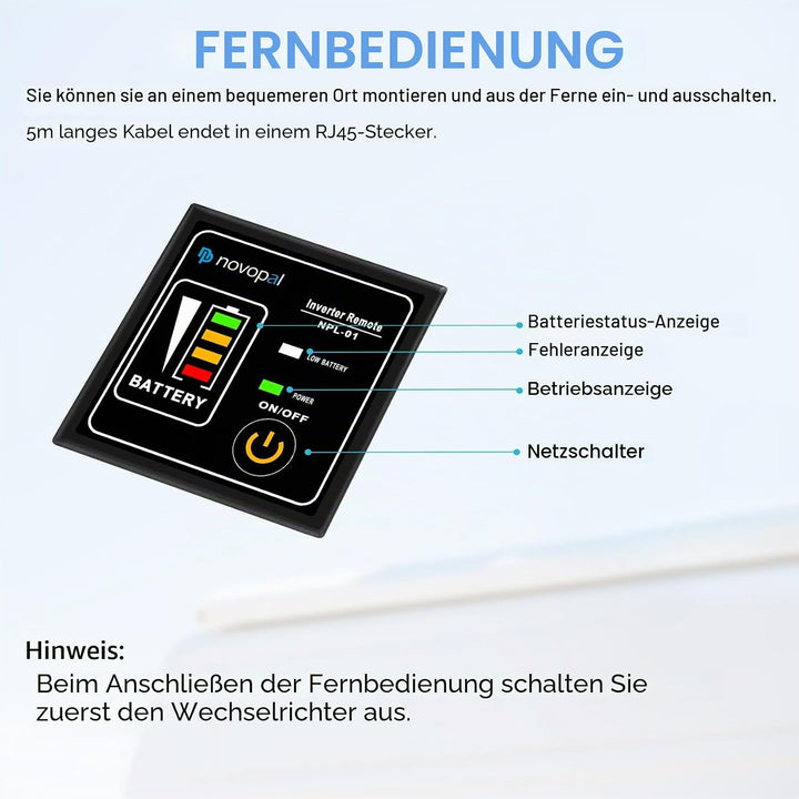 NOVOPAL 1500W Wechselrichter 24v Auf 230v Reiner Sinus Spannungswandler mit 2 EU-Steckdose und Einer