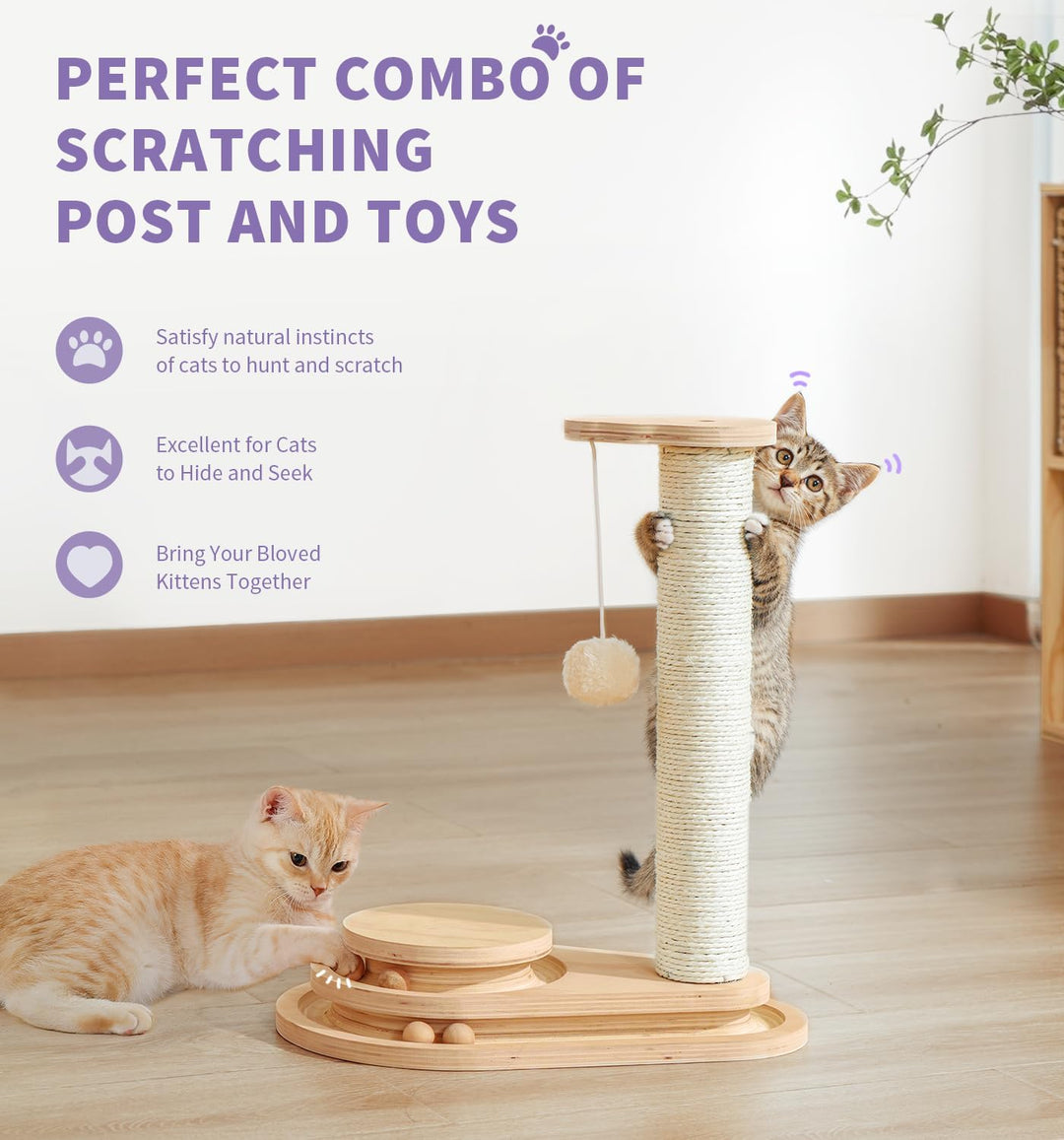 Made4Pets Kratzbaum, Katzenkratzbaum, Kätzchenspielzeug für Indoor-Katzen, Holzkugelschiene, zweilag