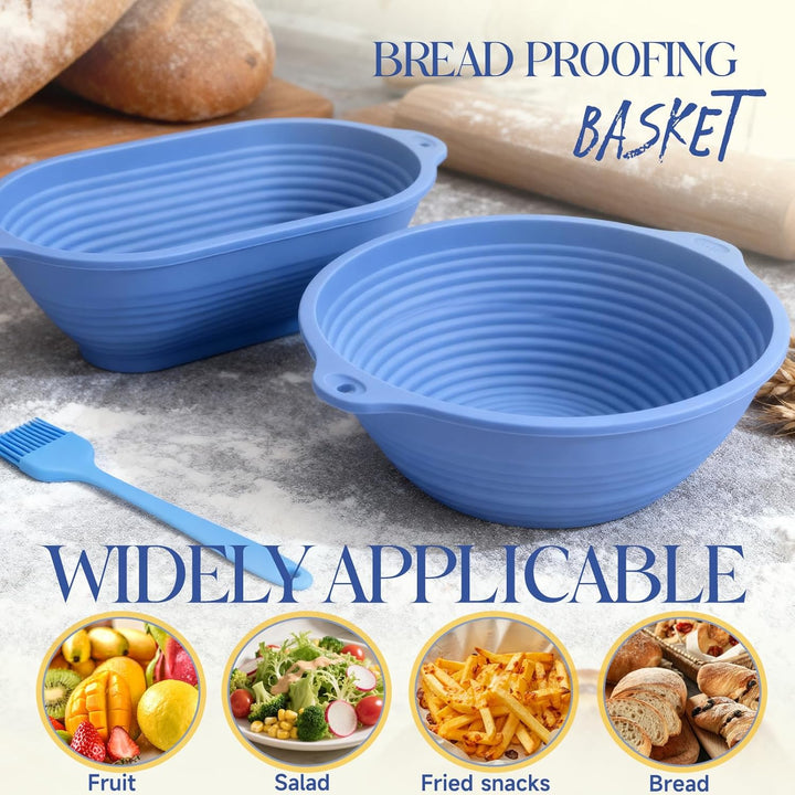 Brot Gärkorb Set: 29cm Gärkörbchen Oval + 23cm Gärkörbchen Rund + Ölpinsel, Faltbarer,mit Aufhängelo