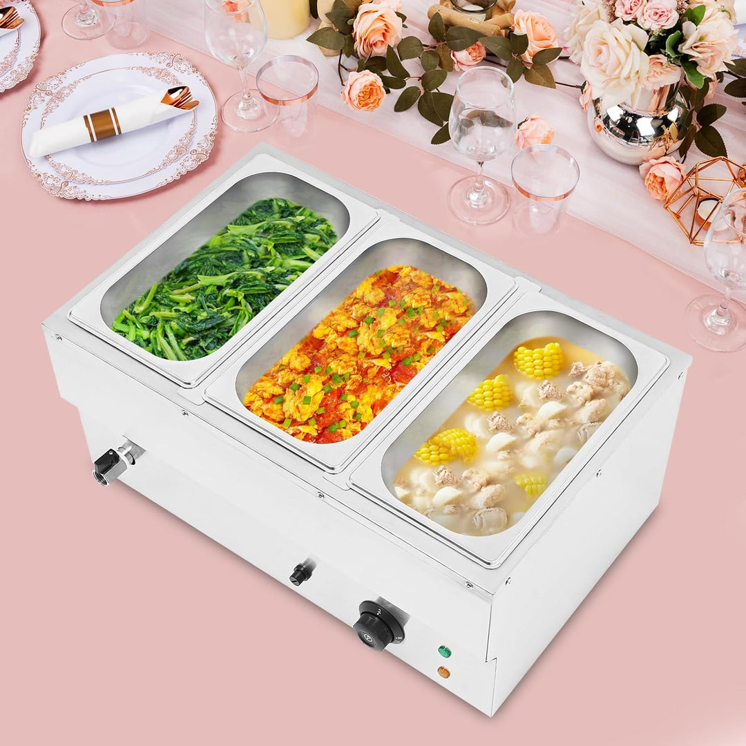 Buffetwärmer,Bain Marie Speisenwärmer mit 3 Behältern,1500W Profi Wasserbad Warmhaltebehälter mit Ab