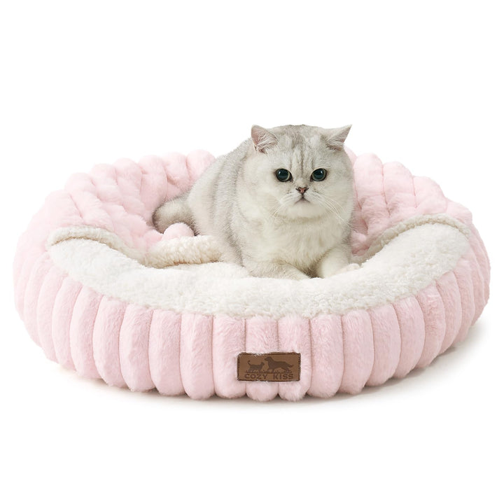 COZY KISS Katzenbett mit Decke 58cm, Runde Höhle für Kleine Katzen &amp; Hunde | Flauschige Katzensofa-K
